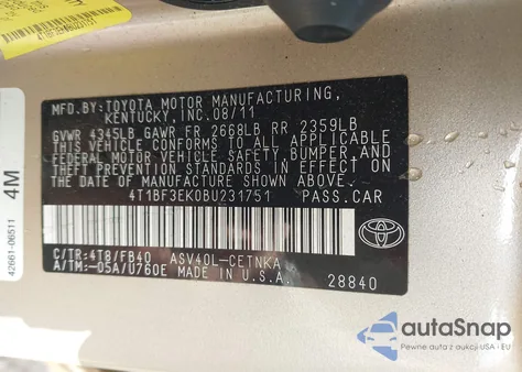 2011 Toyota Camry Le from USA, damaged, VIN 4T1BF3EK0BU231751